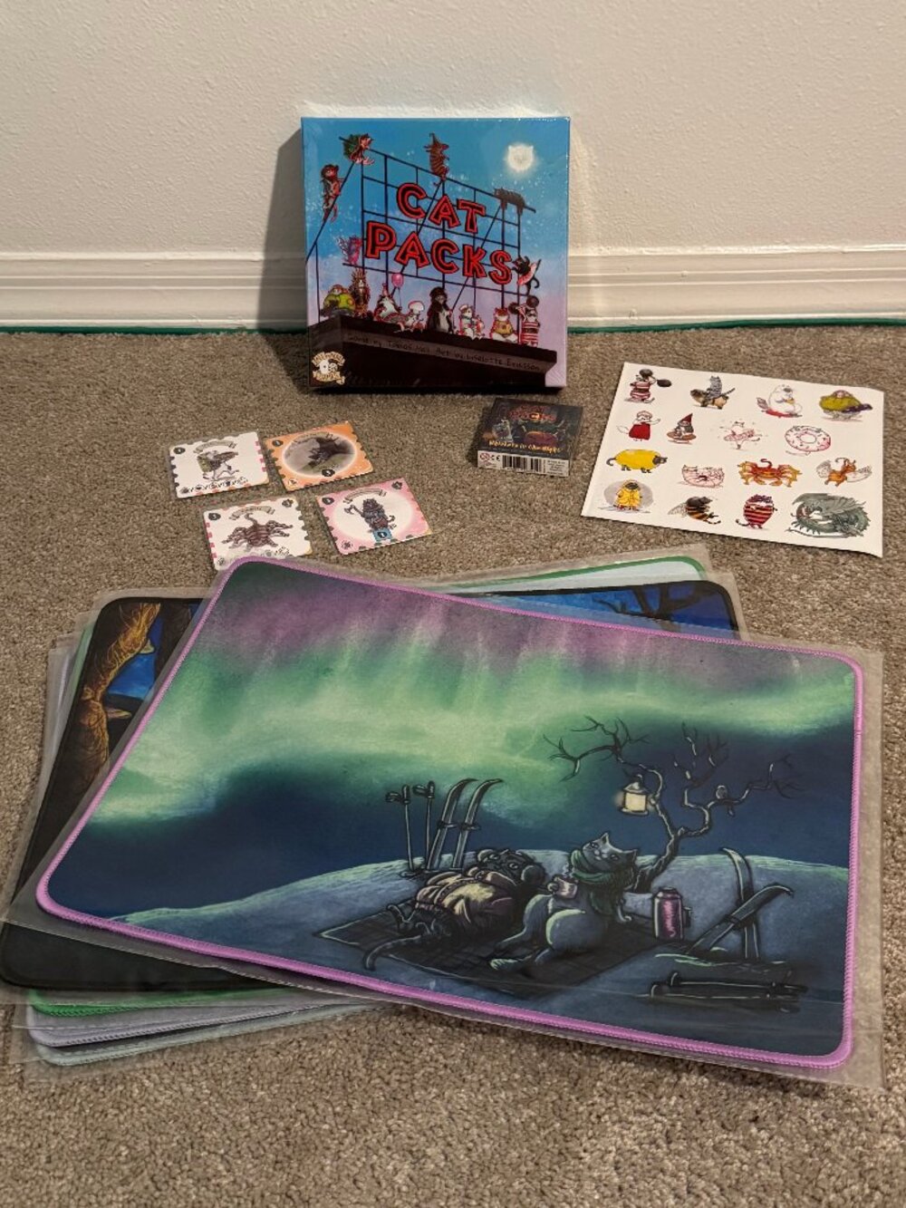Cat Packs Whiskers in the Night Board Game All In Bundle Kickstarter 5 Playmats